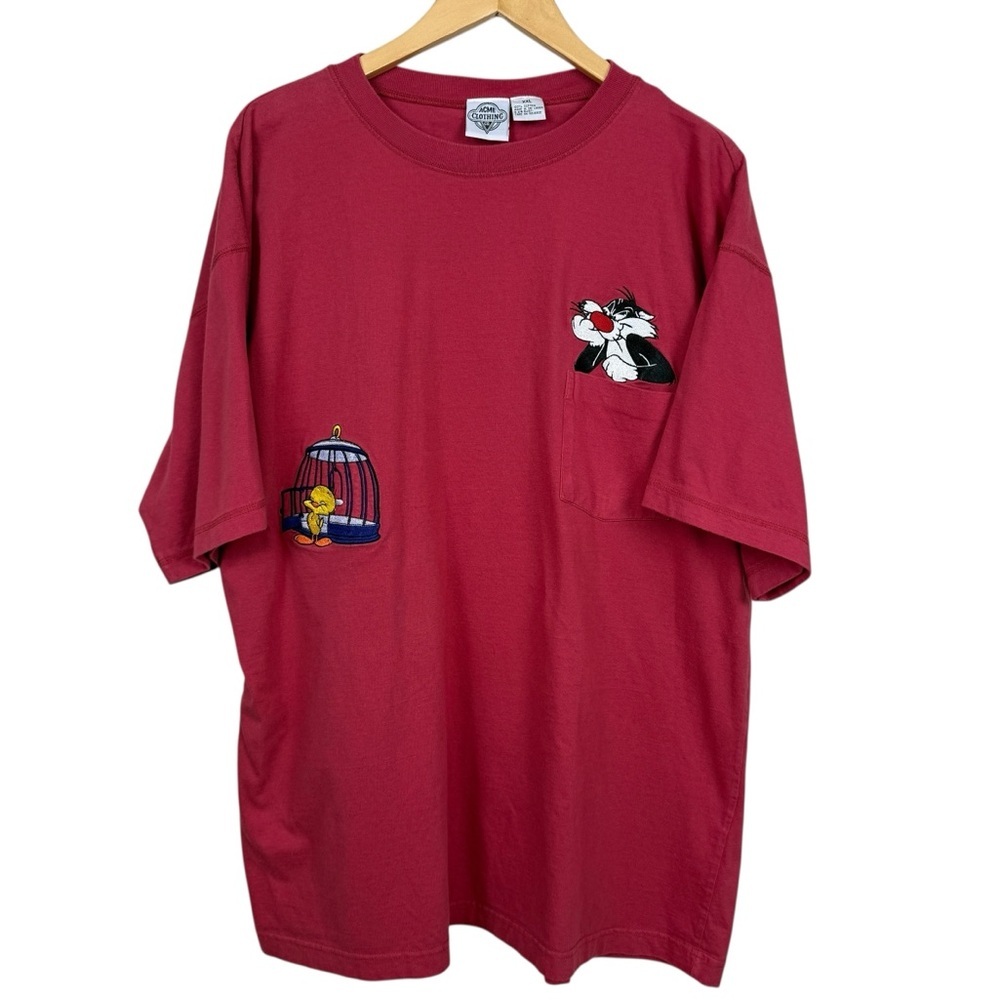 Vintage 90s Acme Clothing Looney Tunes Tweety & Sylvester Red T-Shirt Unisex 2XL